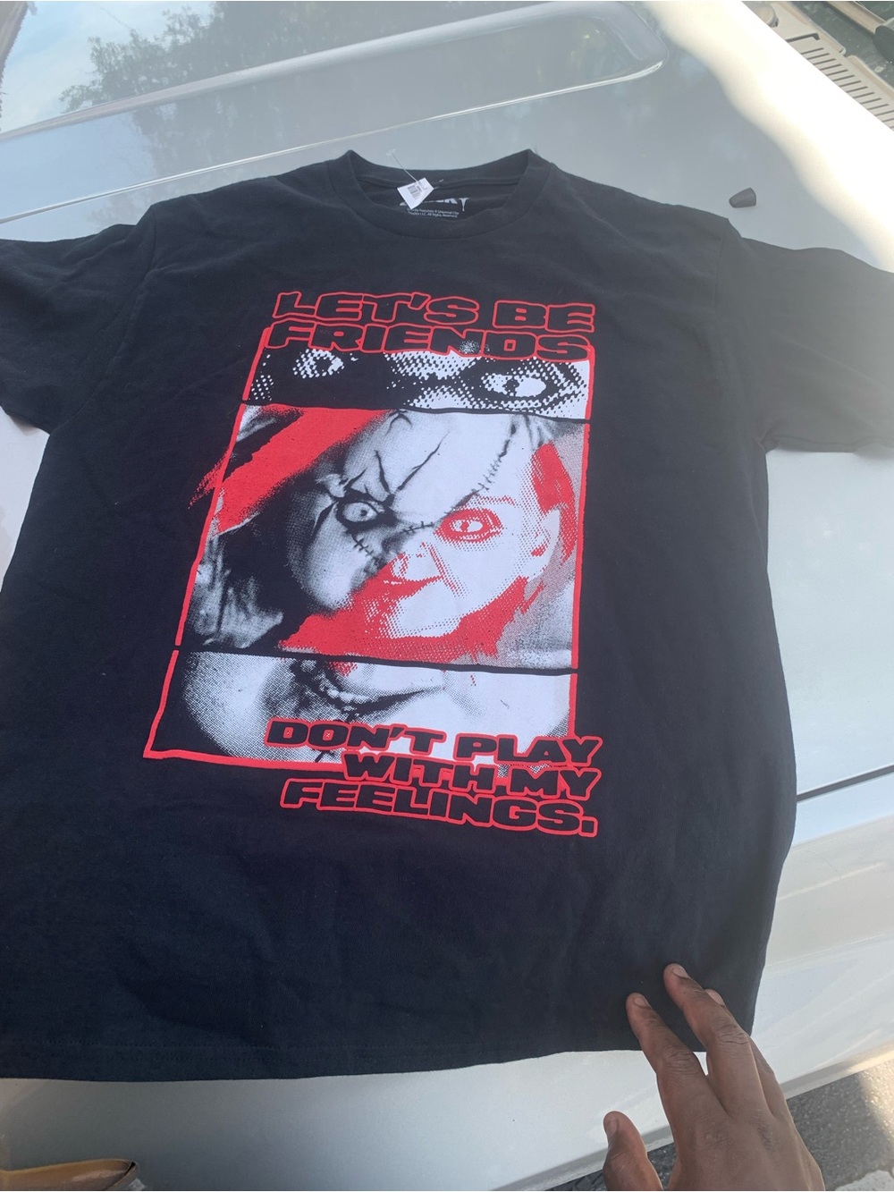 Hybrid Apparel Black T-Shirt with Red Graphic "Let's Be Friends"